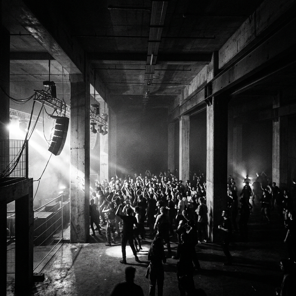 Abstract dark underground warehouse scene